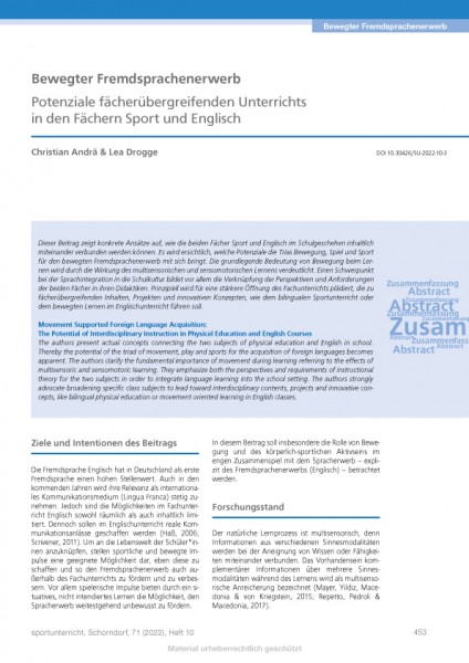 Bewegter Fremdsprachenerwerb - Potenziale fächerübergr. Unterrichts in den Fächern Sport u. Englisch