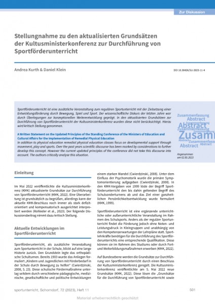Stellungnahme zu den aktualisierten Grundsätzen der KMK zur Durchführung von Sportförderunterricht