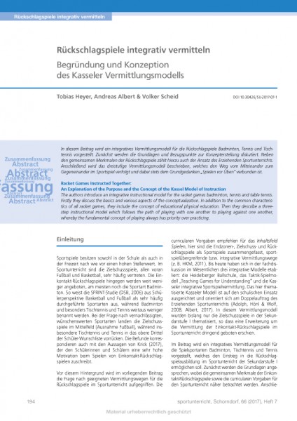Rückschlagspiele integrativ vermitteln - Begründung und Konzeption des Kasseler Vermittlungsmodells