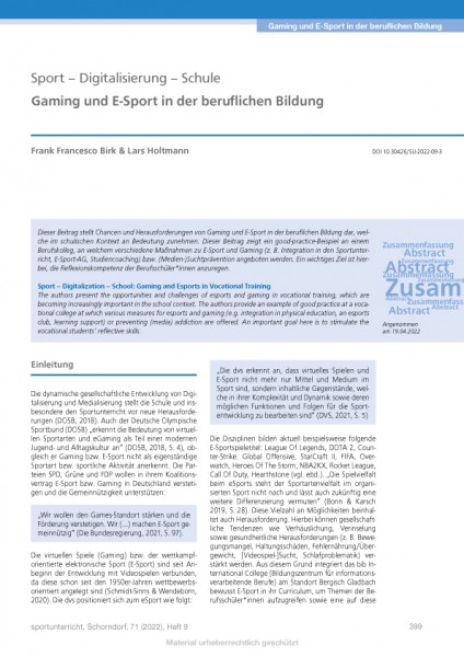 Sport – Digitalisierung – Schule: Gaming und E-Sport in der beruflichen Bildung