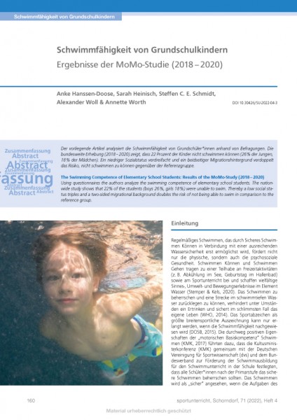 Schwimmfähigkeit von Grundschulkindern - Ergebnisse der MoMo-Studie (2018 – 2020)